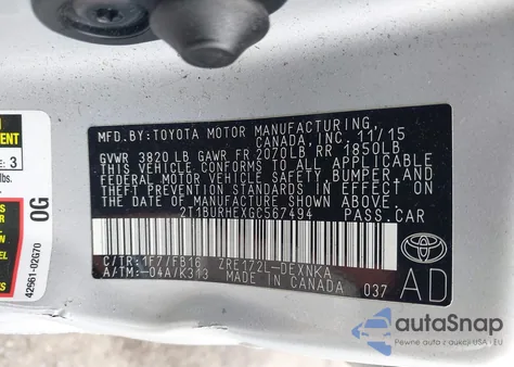 2016 Toyota Corolla Le from USA, damaged, VIN 2T1BURHEXGC567494